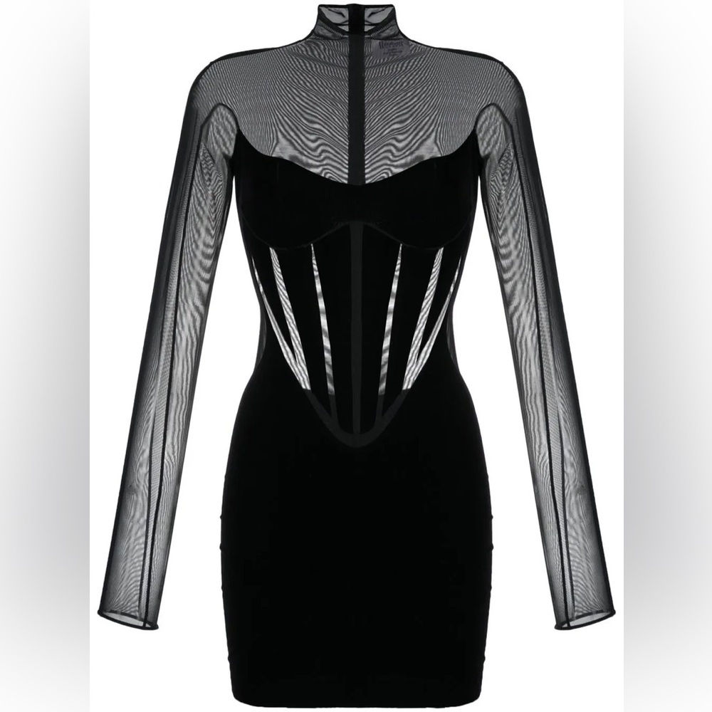 Mugler Black flock shaping dress - Long Sleeve Dress with Mesh Detail